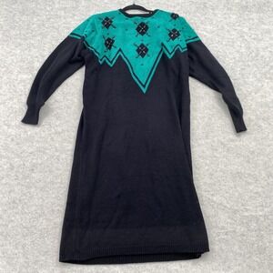 Vintage Plain Jane Sweater Dress Womens Small Black Green Beaded Argyle 80s